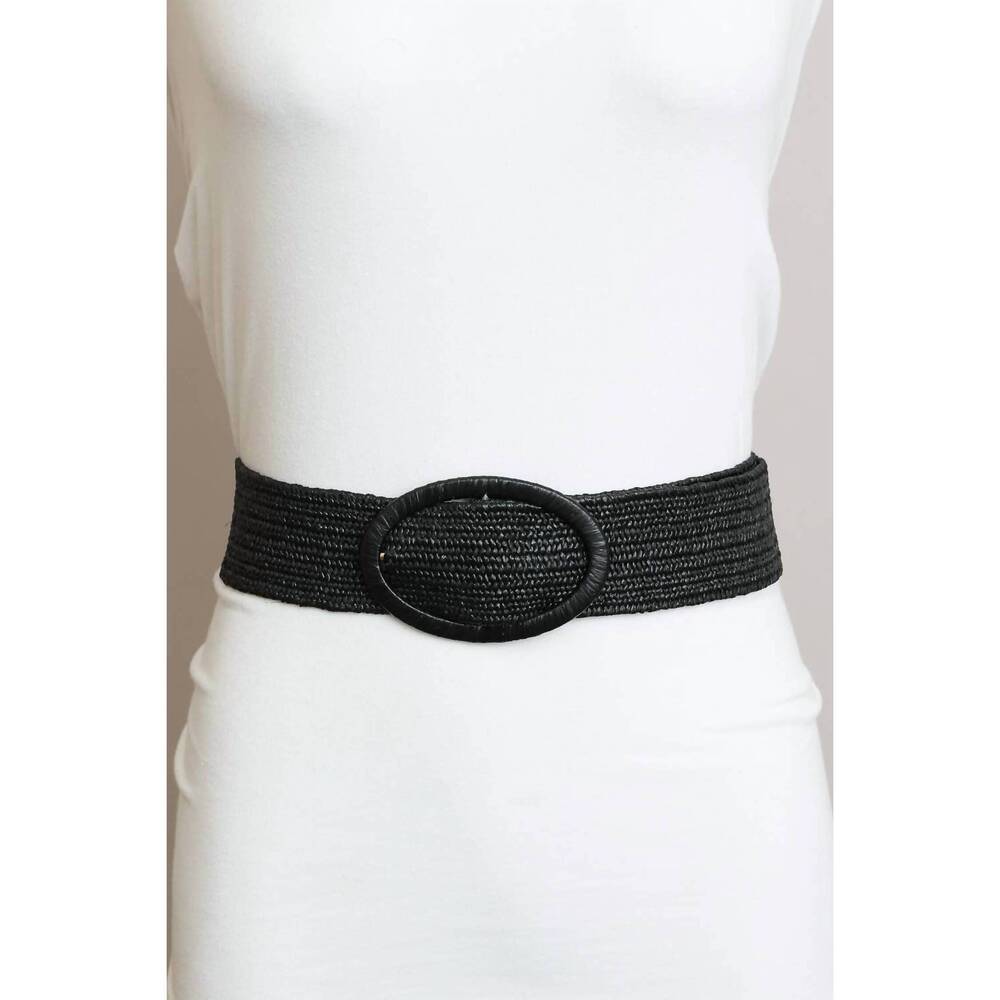 NEW LETO women's raffia oval buckle belt in black